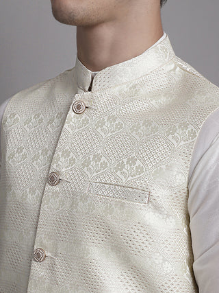 Men's Cream Woven Design Nehru Jacket With Solid Kurta Pyjama.