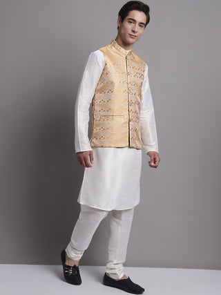 Men's Golden Woven Design Nehru Jacket With Solid Kurta Pyjama.