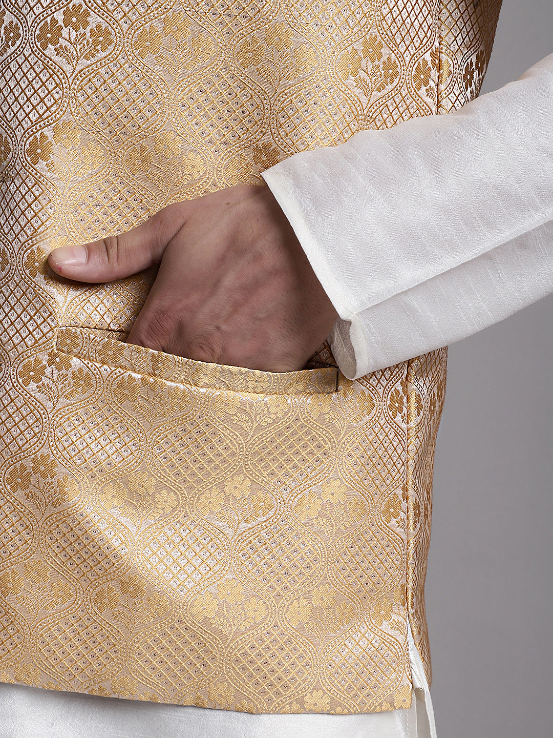 Men's Golden Woven Design Nehru Jacket With Solid Kurta Pyjama.