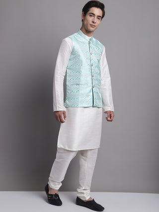 Men's Turquoise Blue Woven Design Nehru Jacket With Solid Kurta Pyjama.