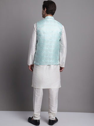 Men's Turquoise Blue Woven Design Nehru Jacket With Solid Kurta Pyjama.