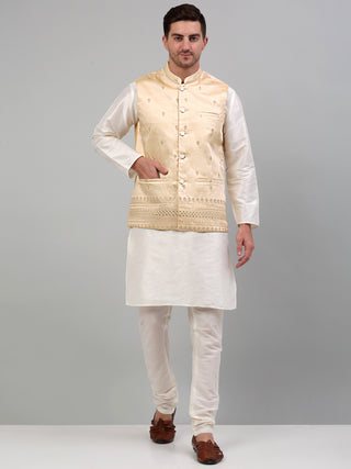 Men's Embroidered Nehru Jacket With Solid Kurta Pyjama Set.