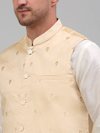 Men's Embroidered Nehru Jacket With Solid Kurta Pyjama Set.