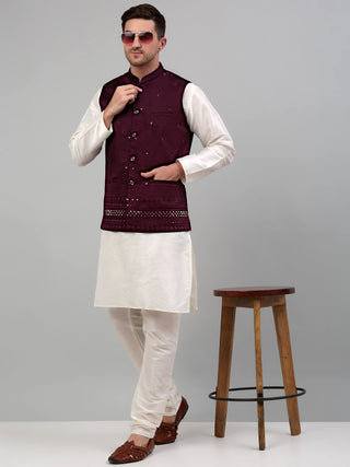 Men's Embroidered Nehru Jacket With Solid Kurta Pyjama Set.