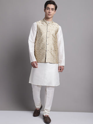 Men's Cream Woven Design Nehru Jacket With Solid Kurta Pyjama.