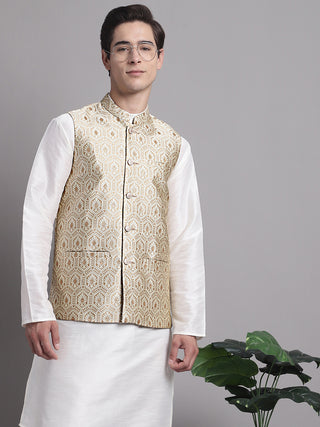 Men's Cream Woven Design Nehru Jacket With Solid Kurta Pyjama.