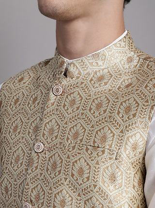 Men's Cream Woven Design Nehru Jacket With Solid Kurta Pyjama.