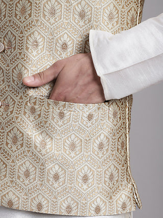 Men's Cream Woven Design Nehru Jacket With Solid Kurta Pyjama.