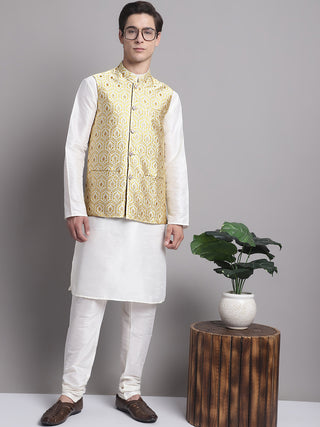 Men's Golden Woven Design Nehru Jacket With Solid Kurta Pyjama.