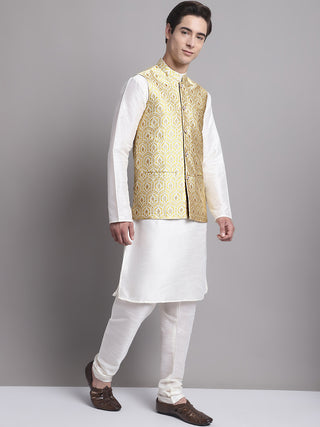 Men's Golden Woven Design Nehru Jacket With Solid Kurta Pyjama.