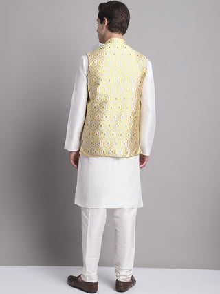 Men's Golden Woven Design Nehru Jacket With Solid Kurta Pyjama.