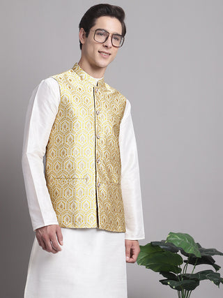 Men's Golden Woven Design Nehru Jacket With Solid Kurta Pyjama.