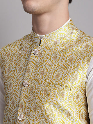 Men's Golden Woven Design Nehru Jacket With Solid Kurta Pyjama.