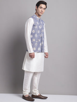 Men's Blue Printed Nehru Jacket With Solid Kurta Pyjama.