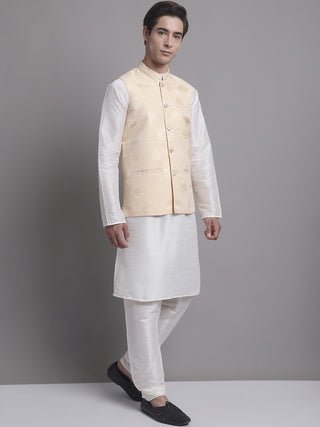 Men's Cream Printed Nehru Jacket With Solid Kurta Pyjama.