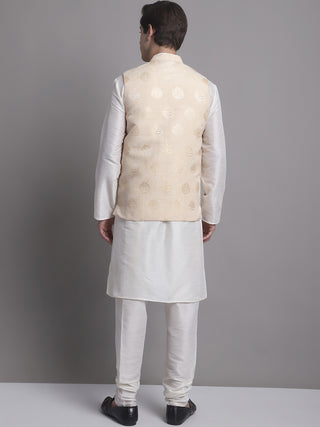 Men's Cream Printed Nehru Jacket With Solid Kurta Pyjama.