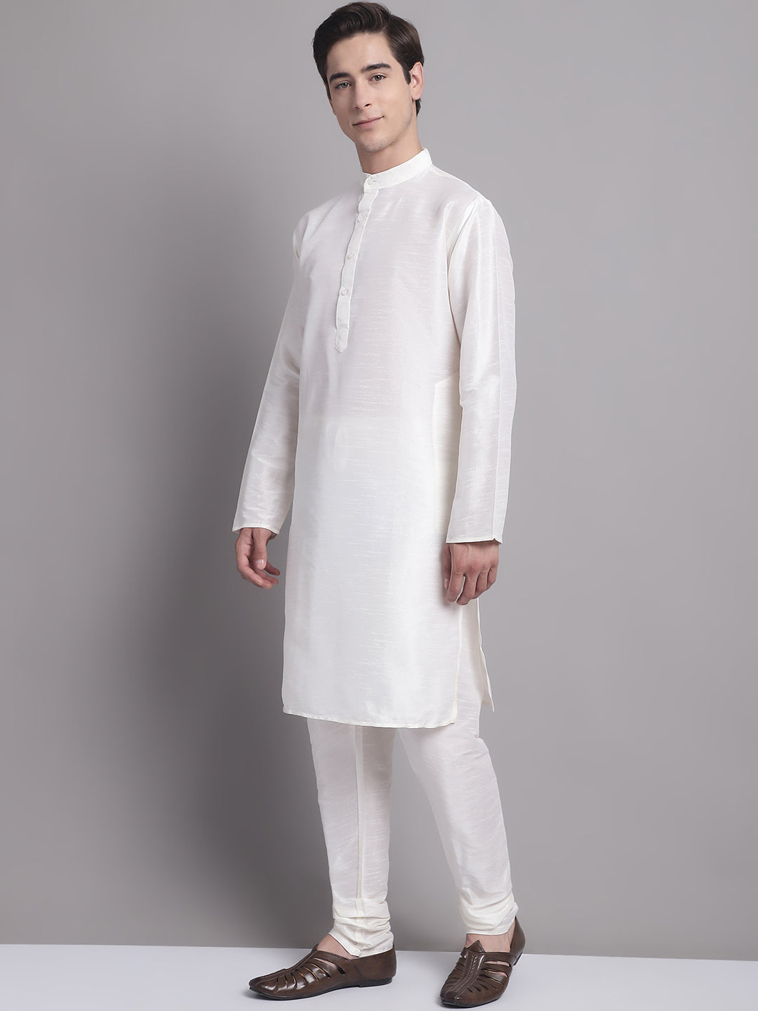 Men's Cream Printed Nehru Jacket With Solid Kurta Pyjama.