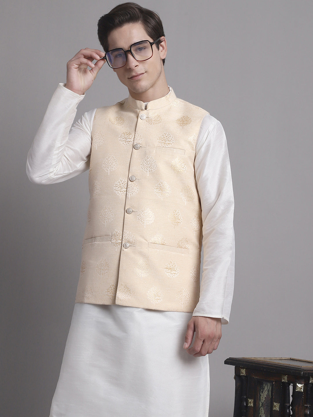 Men's Cream Printed Nehru Jacket With Solid Kurta Pyjama.