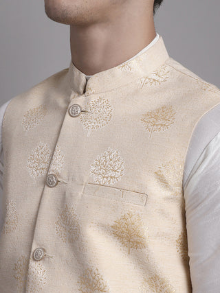 Men's Cream Printed Nehru Jacket With Solid Kurta Pyjama.