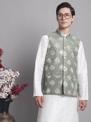 Men's Green Printed Nehru Jacket With Solid Kurta Pyjama.