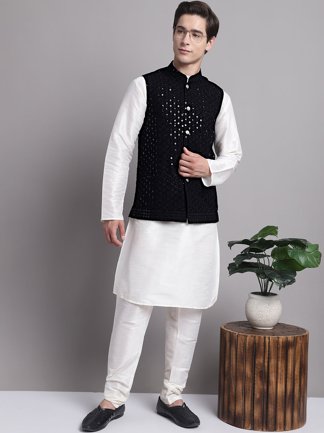 Men's Black Sequins and Embroidred Nehru Jacket With Solid Kurta Pyjama.