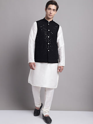 Men's Black Sequins and Embroidred Nehru Jacket With Solid Kurta Pyjama.