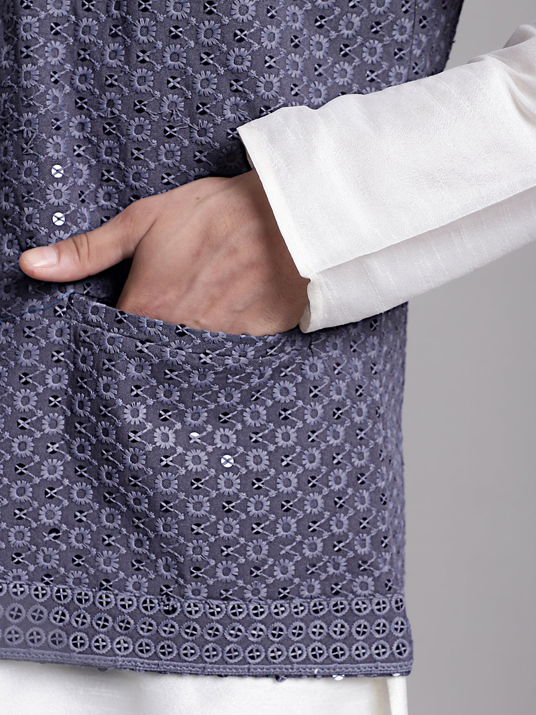 Men's Grey Sequins and Embroidred Nehru Jacket With Solid Kurta Pyjama.