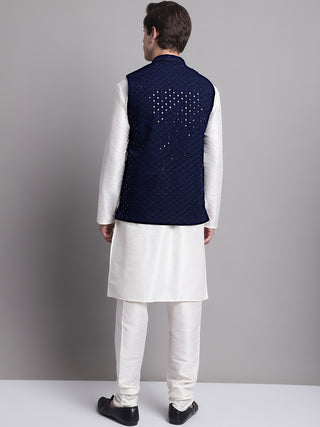 Men's Navy Blue Sequins and Embroidred Nehru Jacket With Solid Kurta Pyjama.