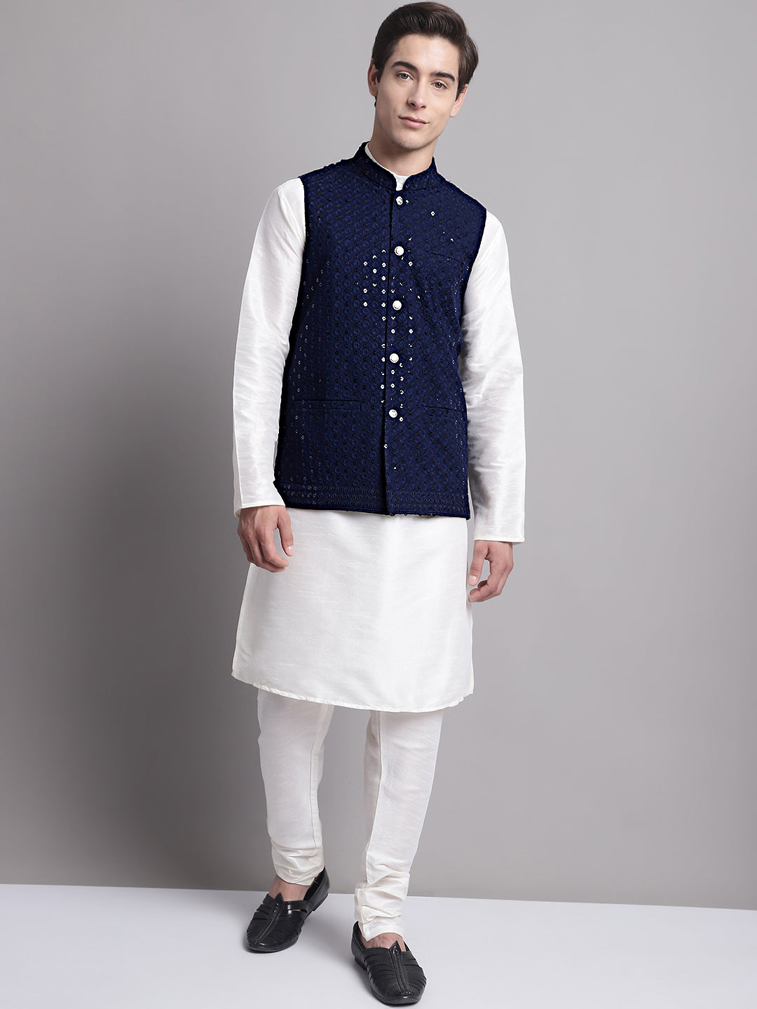 Men's Navy Blue Sequins and Embroidred Nehru Jacket With Solid Kurta Pyjama.