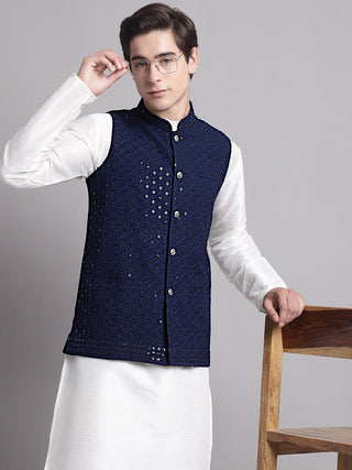 Men's Navy Blue Sequins and Embroidred Nehru Jacket With Solid Kurta Pyjama.