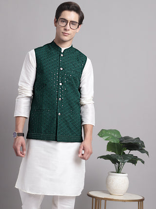Men's Olive Green Sequins and Embroidred Nehru Jacket With Solid Kurta Pyjama.