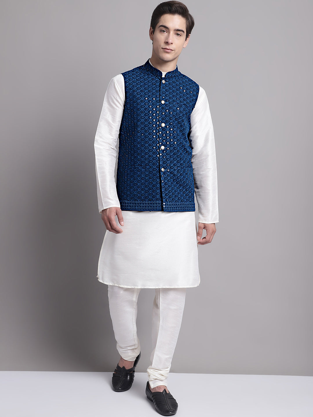 Men's Peacock Blue Sequins and Embroidred Nehru Jacket With Solid Kurta Pyjama.