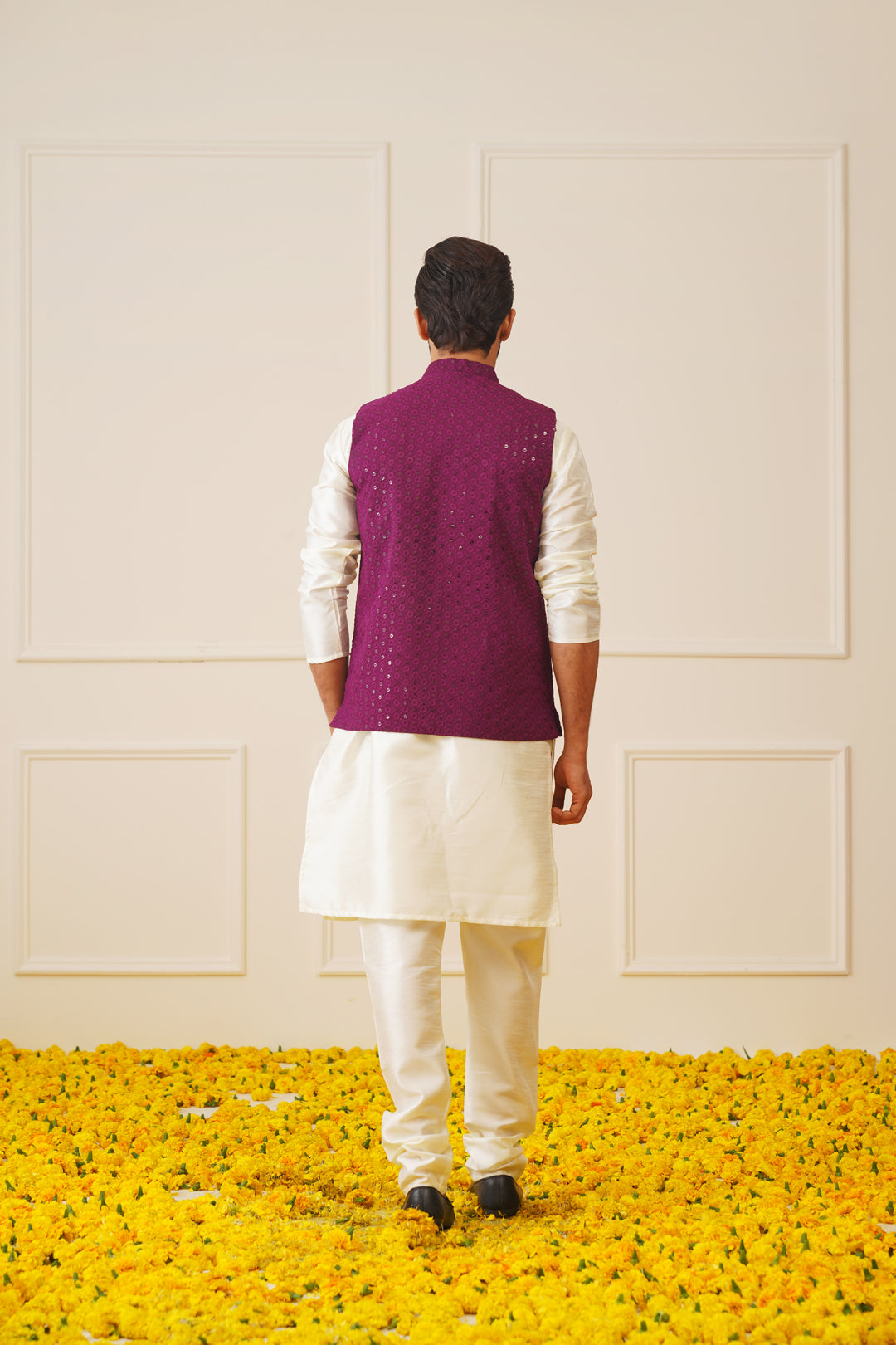 Men's Purple Sequins and Embroidred Nehru Jacket With Solid Kurta Pyjama.