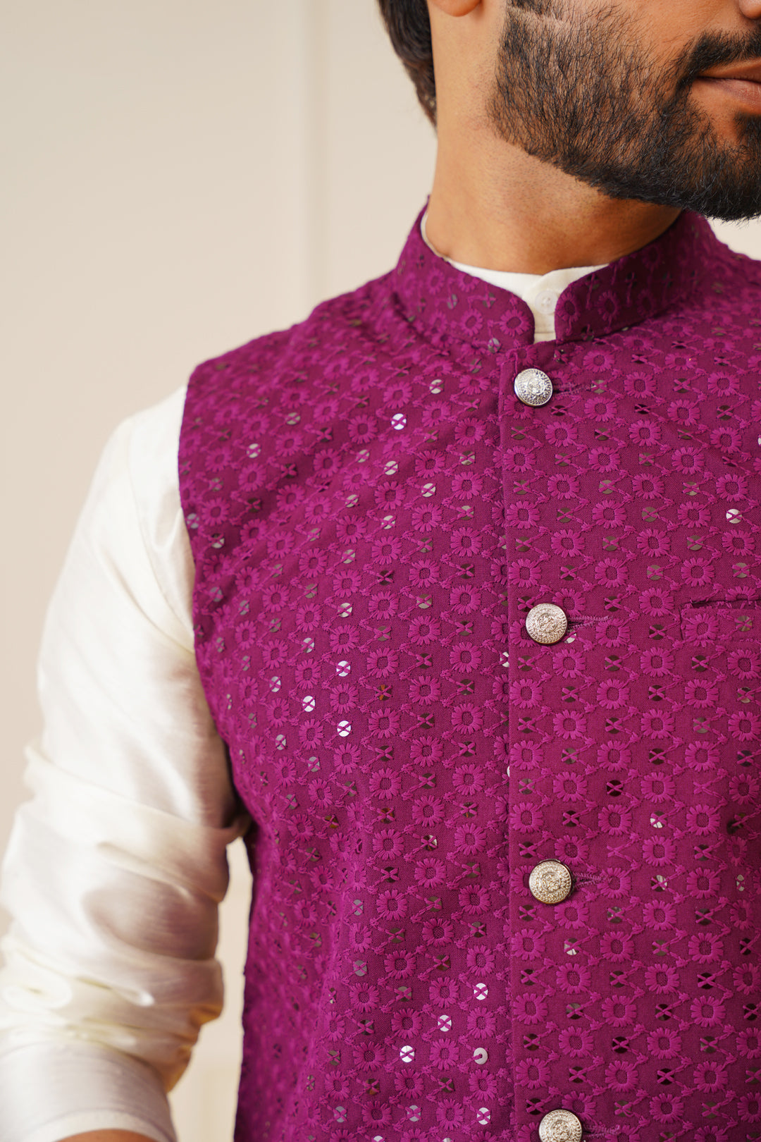 Men's Purple Sequins and Embroidred Nehru Jacket With Solid Kurta Pyjama.