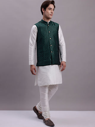 Men's Olive Green Woven Design Nehru Jacket With Solid Kurta Pyjama.