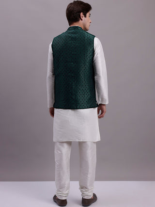 Men's Olive Green Woven Design Nehru Jacket With Solid Kurta Pyjama.