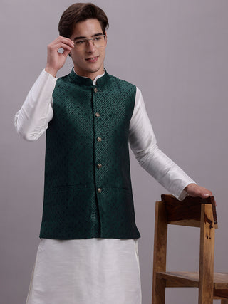 Men's Olive Green Woven Design Nehru Jacket With Solid Kurta Pyjama.