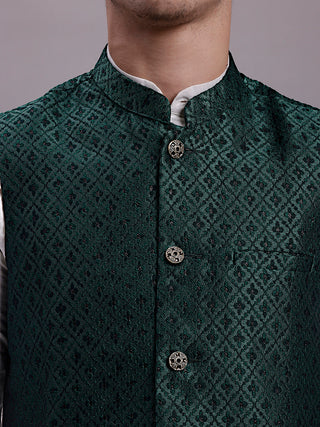 Men's Olive Green Woven Design Nehru Jacket With Solid Kurta Pyjama.