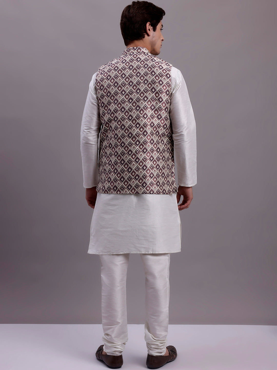 Men's Purple Woven Design Nehru Jacket With Solid Kurta Pyjama.