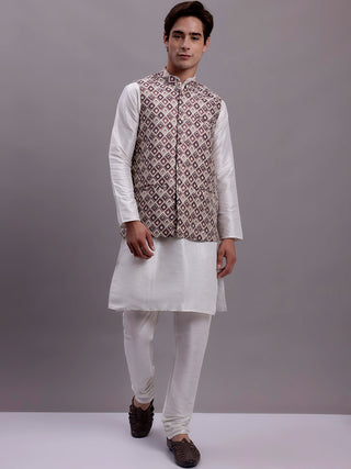 Men's Purple Woven Design Nehru Jacket With Solid Kurta Pyjama.