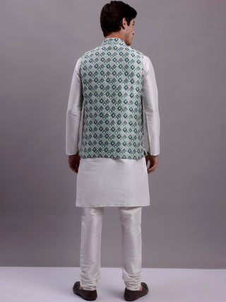 Men's Turquoise Blue Woven Design Nehru Jacket With Solid Kurta Pyjama.