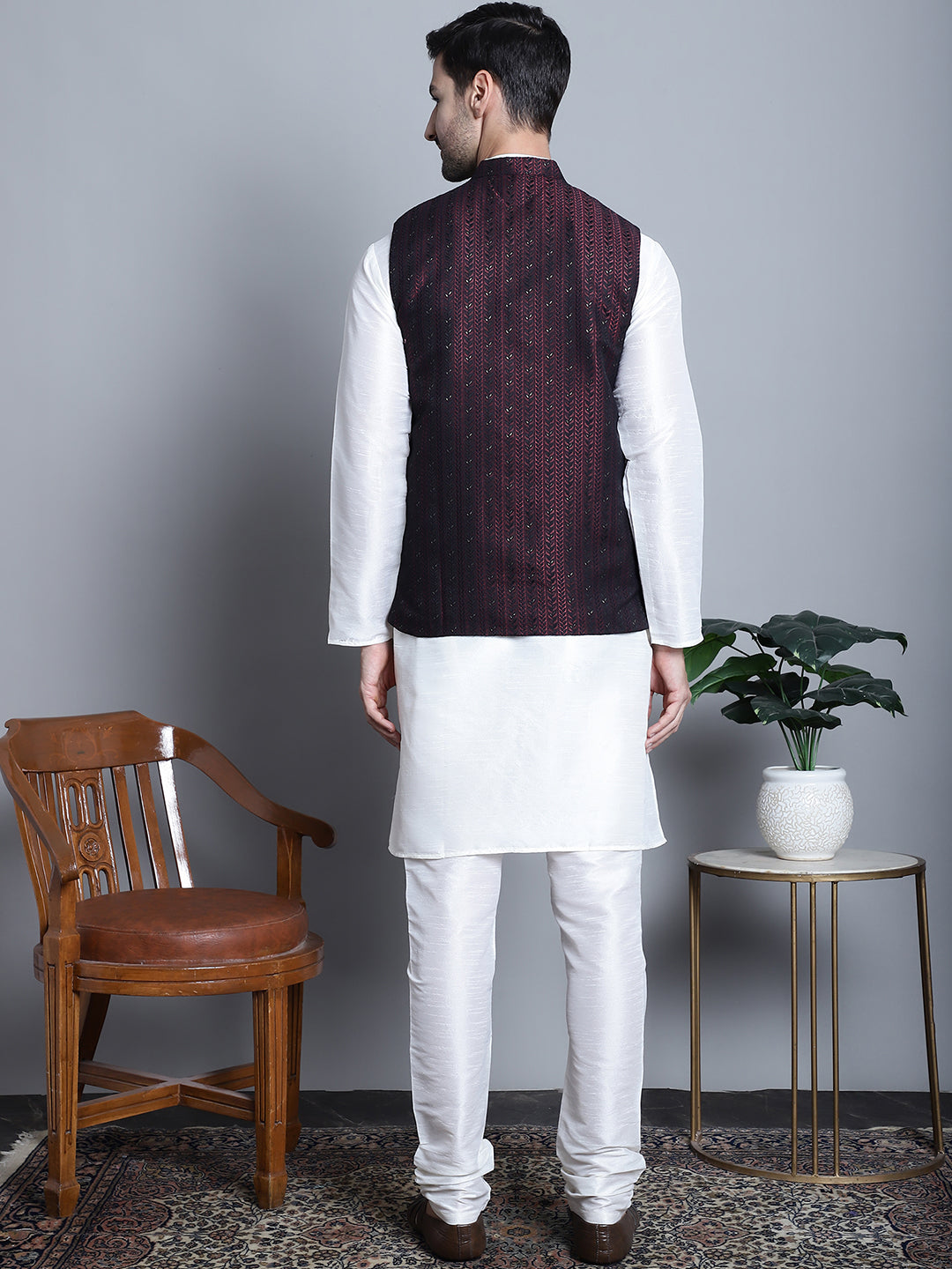 Men's Woven Design Nehru Jacket With Kurta Pyjama Set