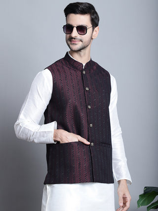 Men's Woven Design Nehru Jacket With Kurta Pyjama Set