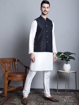 Men's Woven Design Nehru Jacket With Kurta Pyjama Set