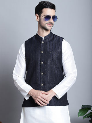 Men's Woven Design Nehru Jacket With Kurta Pyjama Set