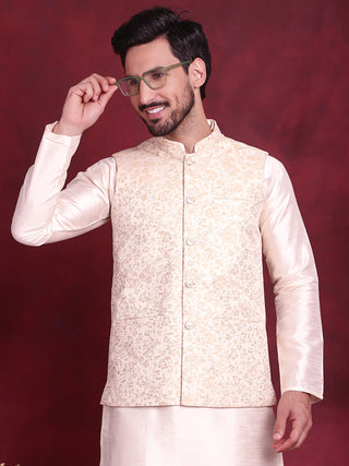 Woven Design Nehru Jacket With Kurta Pyjama Set