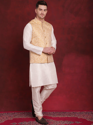Golden Woven Design Nehru Jacket With Kurta Pyjama Set