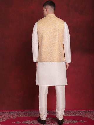 Golden Woven Design Nehru Jacket With Kurta Pyjama Set