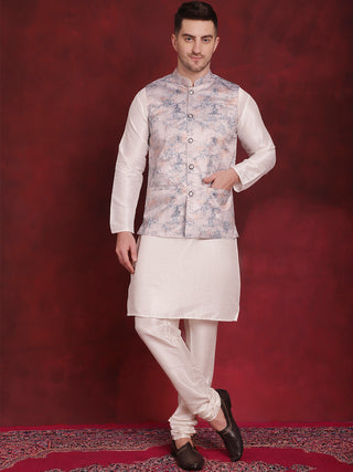 Silver Floral Printed Nehru Jacket With Kurta Pyjama Set