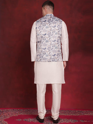 White Floral Printed Nehru Jacket With Kurta Pyjama Set